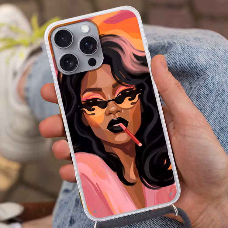 Vrouw - Zonnebril - Modern - Portret - Oranje Hoesje iPhone 16 Pro Max met koord klein -sfeer3