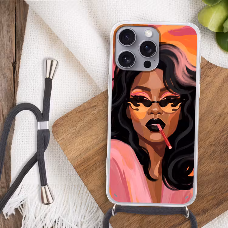 Vrouw - Zonnebril - Modern - Portret - Oranje Hoesje iPhone 16 Pro Max met koord klein -sfeer4