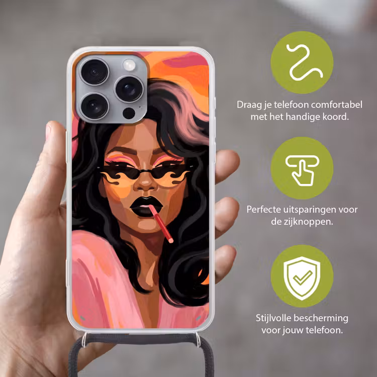 Vrouw - Zonnebril - Modern - Portret - Oranje Hoesje iPhone 16 Pro Max met koord klein -sfeer2_NL