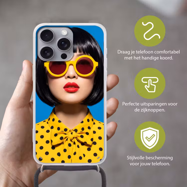 Vrouw - Zonnebril - Pop Art - Portret - Geel Hoesje iPhone 16 Pro Max met koord klein -sfeer2_NL