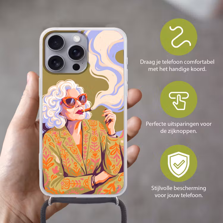 Vrouw - Zonnebril - Portret - Modern - Kleurrijk Hoesje iPhone 16 Pro Max met koord klein -sfeer2_NL
