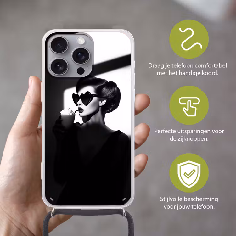 Vrouw - Zwart - Hart Hoesje iPhone 16 Pro Max met koord klein -sfeer2_NL