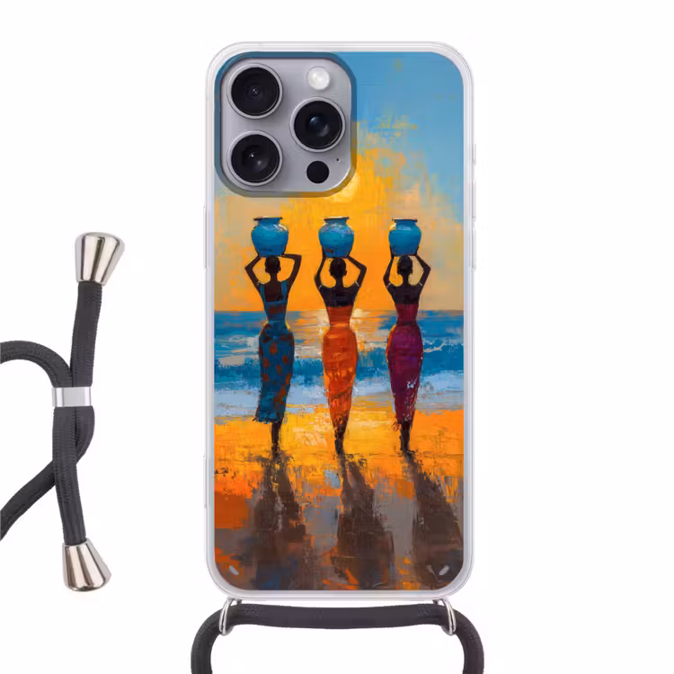 Vrouwen - Strand - Zondsondergang Hoesje iPhone 16 Pro Max met koord klein -3d