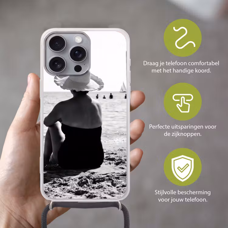 Vrouwen - Zonnehoed - Strand - Zwart - Wit Hoesje iPhone 16 Pro Max met koord klein -sfeer2_NL