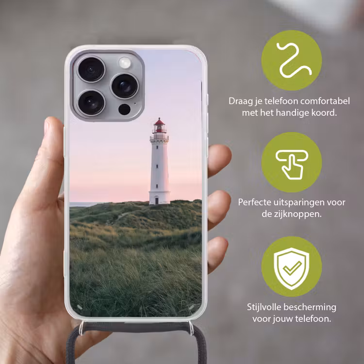Vuurtoren - Duinlandschap - Zee Hoesje iPhone 16 Pro Max met koord klein -sfeer2_NL