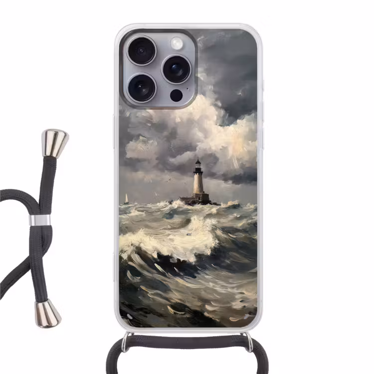 Vuurtoren - Golven - Storm Hoesje iPhone 16 Pro Max met koord klein -3d