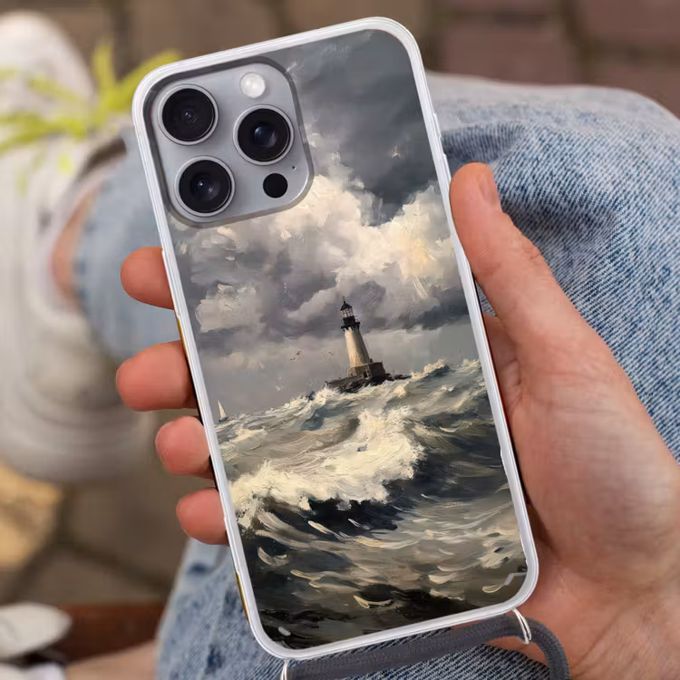 Vuurtoren - Golven - Storm Hoesje iPhone 16 Pro Max met koord klein -sfeer3