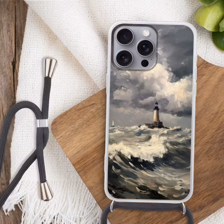 Vuurtoren - Golven - Storm Hoesje iPhone 16 Pro Max met koord klein -sfeer4