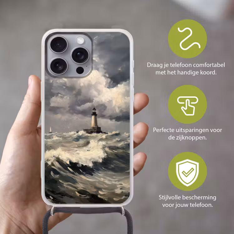 Vuurtoren - Golven - Storm Hoesje iPhone 16 Pro Max met koord klein -sfeer2_NL