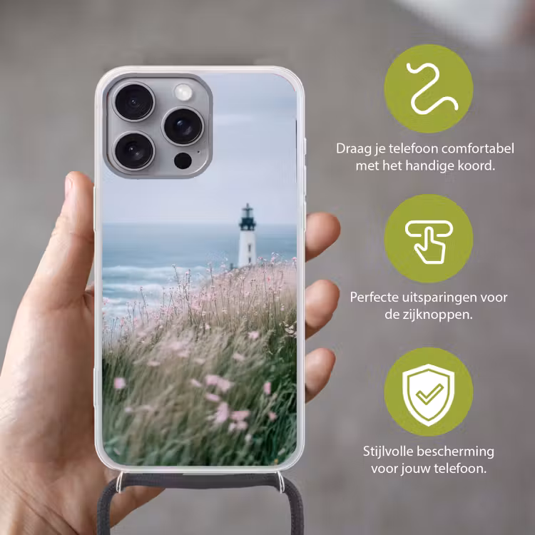 Vuurtoren - Klif - Zee - Bloemen Hoesje iPhone 16 Pro Max met koord klein -sfeer2_NL