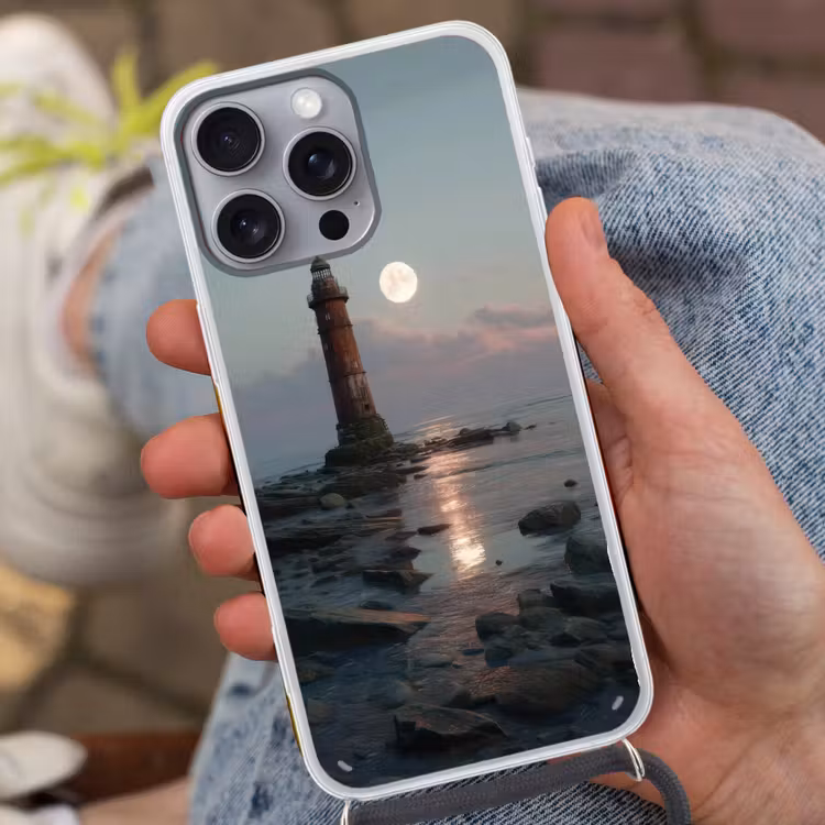 Vuurtoren - Stenen - Water - Maan Hoesje iPhone 16 Pro Max met koord klein -sfeer3
