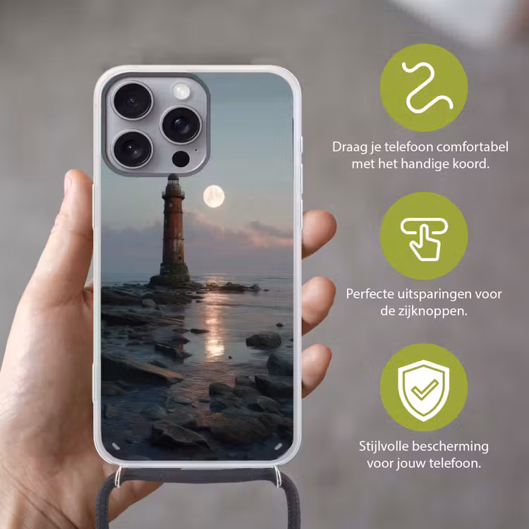 Vuurtoren - Stenen - Water - Maan Hoesje iPhone 16 Pro Max met koord klein -sfeer2_NL