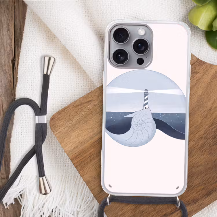 Vuurtoren - Zee - Schelp - Abstract - Blauw Hoesje iPhone 16 Pro Max met koord klein -sfeer4