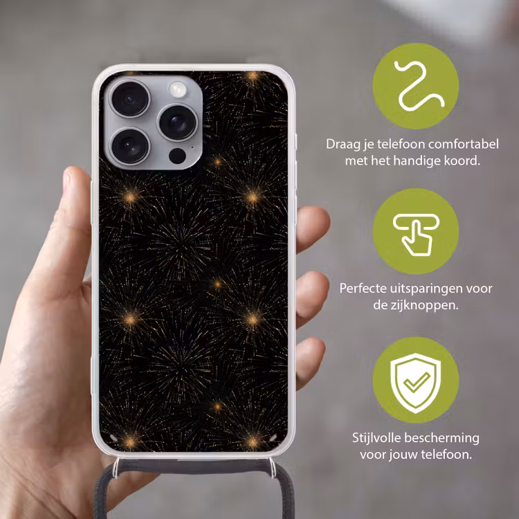 Vuurwerk - Patroon - Feestelijk - Goud - Zwart Hoesje iPhone 16 Pro Max met koord klein 804 -sfeer2_NL