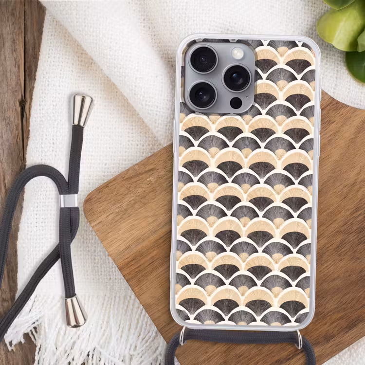 Waaier - Patroon - Zwart - Beige Hoesje iPhone 16 Pro Max met koord klein 804 -sfeer4