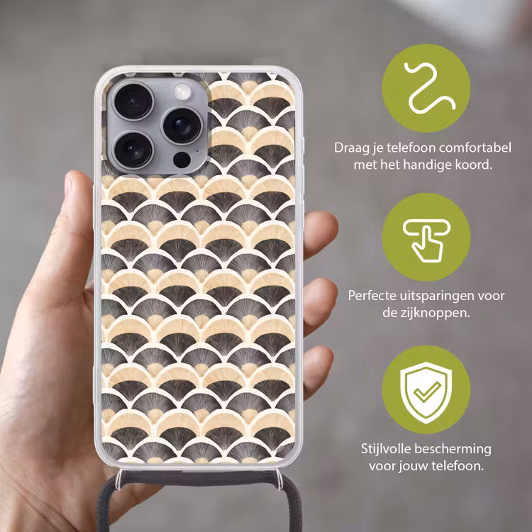 Waaier - Patroon - Zwart - Beige Hoesje iPhone 16 Pro Max met koord klein 804 -sfeer2_NL