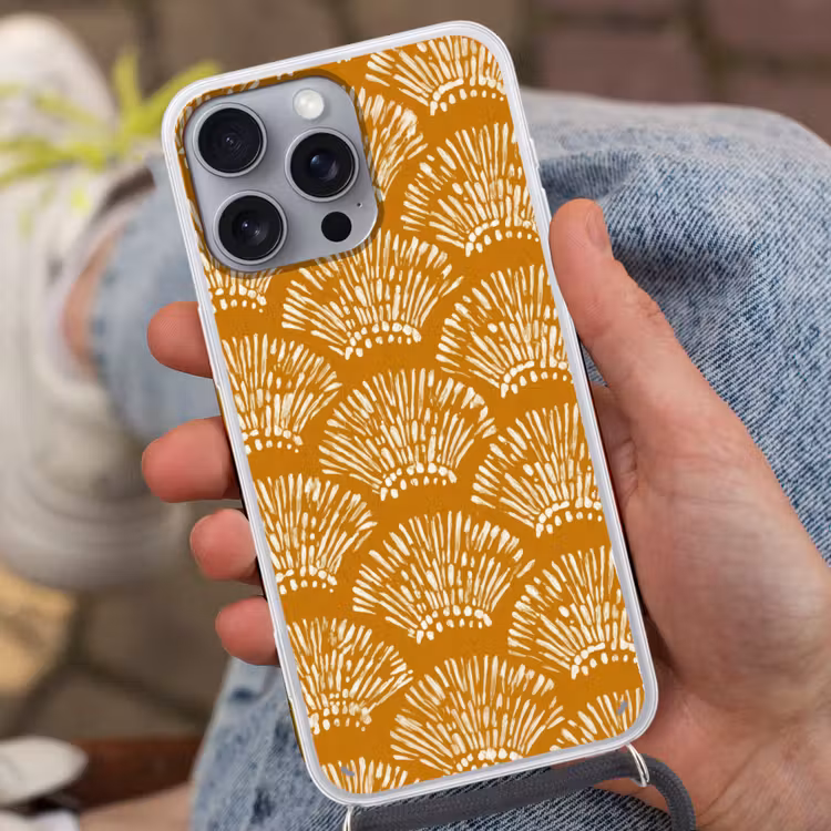 Waaierachtige motieven - Geel - Vintage Hoesje iPhone 16 Pro Max met koord klein -sfeer3