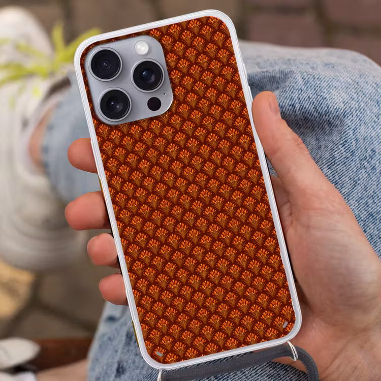 Waaiers - Art Deco - Botanisch - Roestbruin - Oranje Hoesje iPhone 16 Pro Max met koord klein 804 -sfeer3