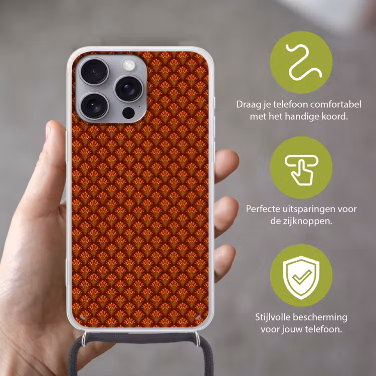Waaiers - Art Deco - Botanisch - Roestbruin - Oranje Hoesje iPhone 16 Pro Max met koord klein 804 -sfeer2_NL