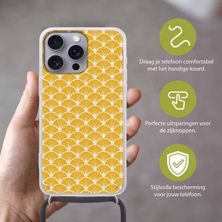 Waaiers - Art Deco - Retro - Okergeel Hoesje iPhone 16 Pro Max met koord klein 804 -sfeer2_NL