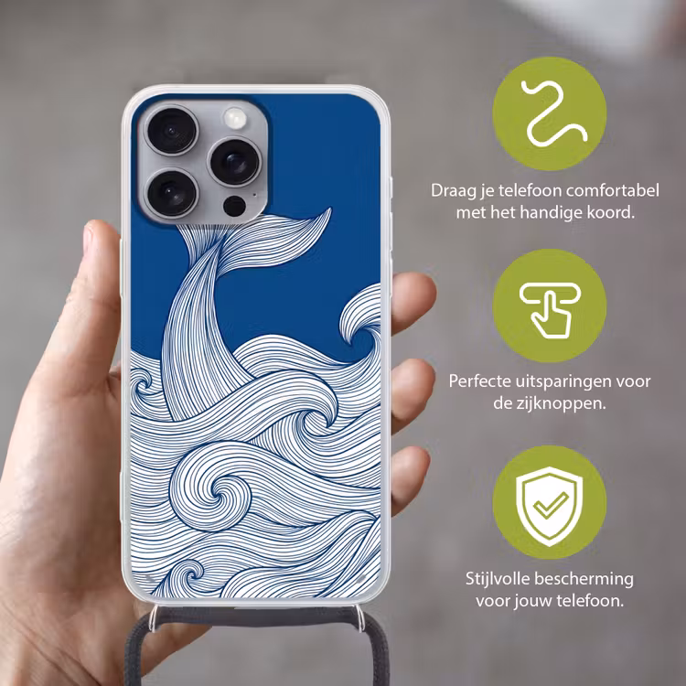 Walvis - Staart - Golven - Lijntekening - Blauw Hoesje iPhone 16 Pro Max met koord klein -sfeer2_NL