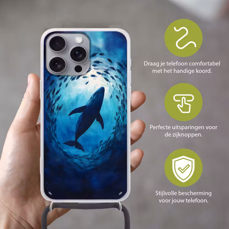 Walvis - Vissen - Donkerblauw Hoesje iPhone 16 Pro Max met koord klein -sfeer2_NL