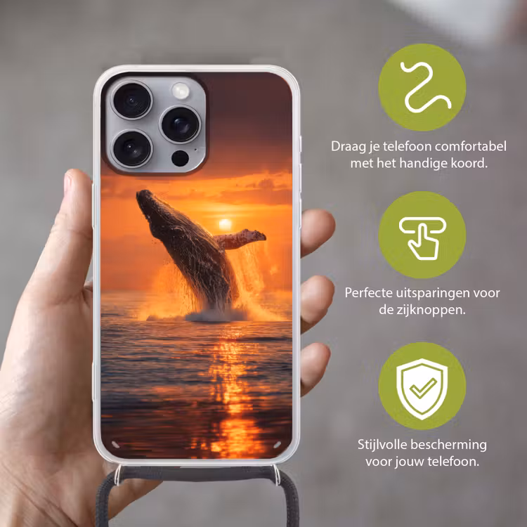 Walvis - Zon - Zee Hoesje iPhone 16 Pro Max met koord klein -sfeer2_NL