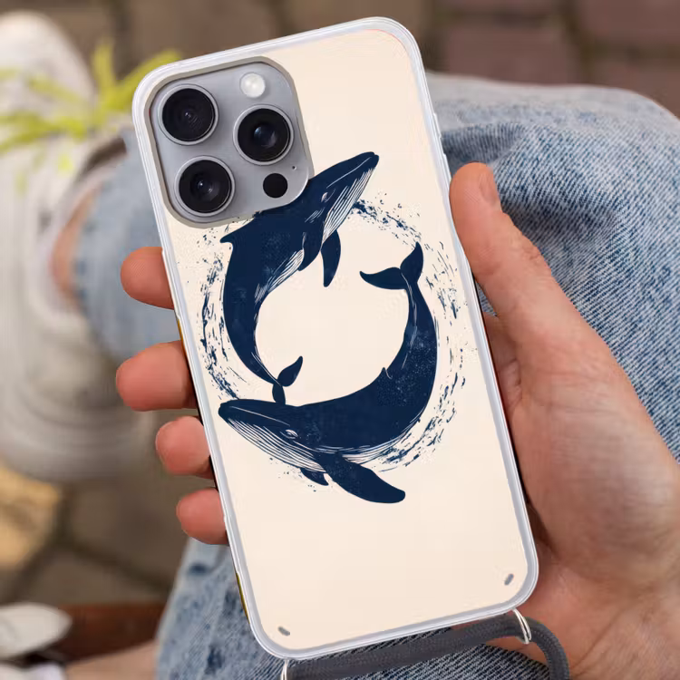 Walvissen - Spetters - Cirkel - Donkerblauw Hoesje iPhone 16 Pro Max met koord klein -sfeer3