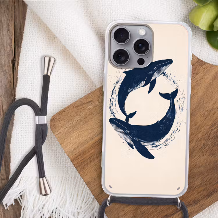 Walvissen - Spetters - Cirkel - Donkerblauw Hoesje iPhone 16 Pro Max met koord klein -sfeer4