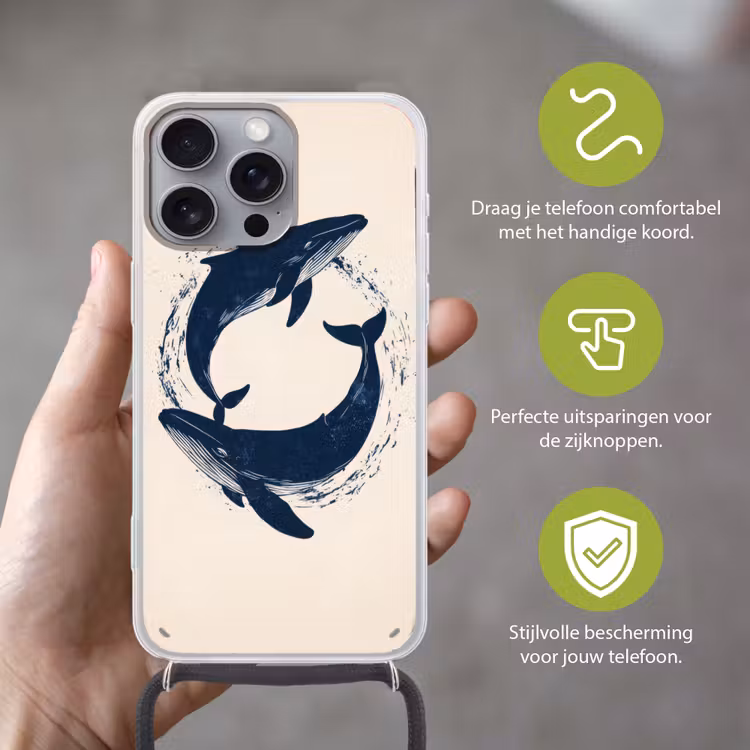 Walvissen - Spetters - Cirkel - Donkerblauw Hoesje iPhone 16 Pro Max met koord klein -sfeer2_NL