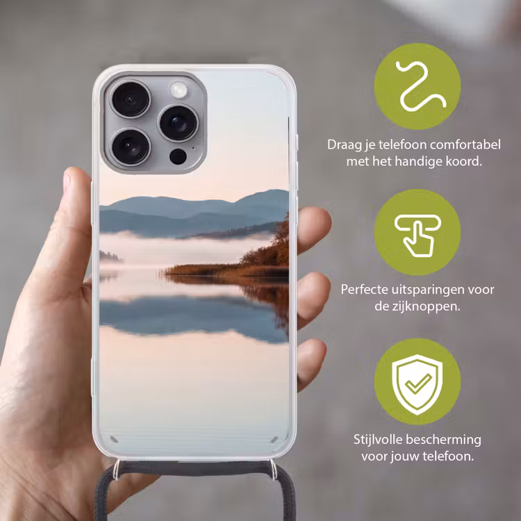 Water - Bomen - Mistlaag Hoesje iPhone 16 Pro Max met koord klein -sfeer2_NL