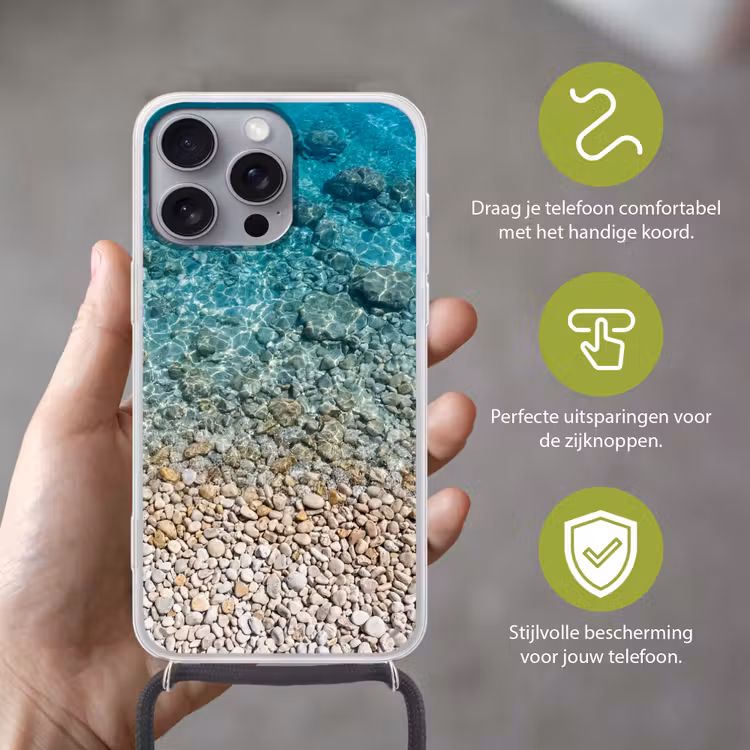 Water - Kiezels - Natuur - Levendig - Turkoois Hoesje iPhone 16 Pro Max met koord klein -sfeer2_NL