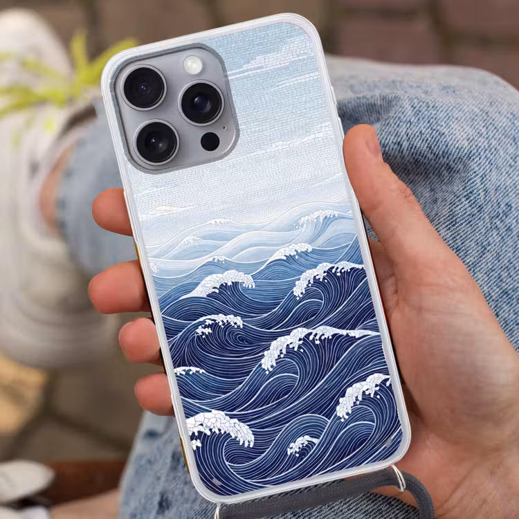 Water - Mozaïek - Landschap - Modern - Blauw Hoesje iPhone 16 Pro Max met koord klein -sfeer3