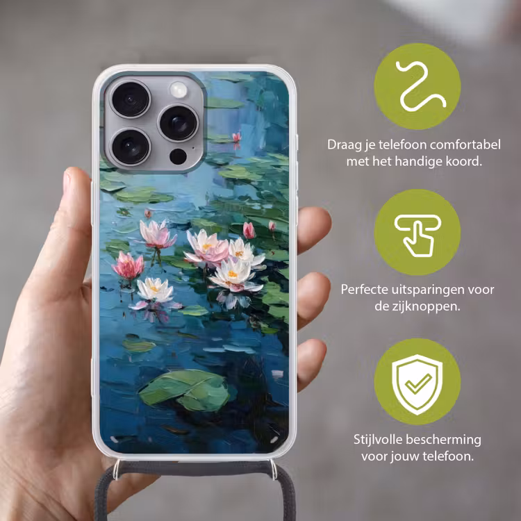 Waterlelies - Bloemen - Roze - Water Hoesje iPhone 16 Pro Max met koord klein -sfeer2_NL