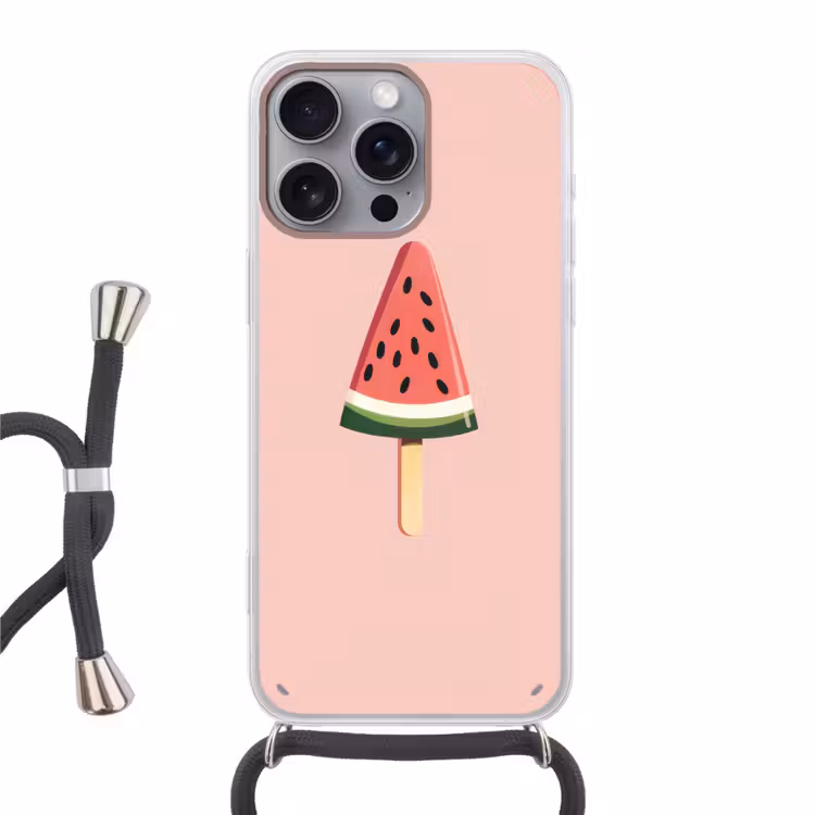 Watermeloen - Ijsje - Pitjes - Rood Hoesje iPhone 16 Pro Max met koord klein -3d