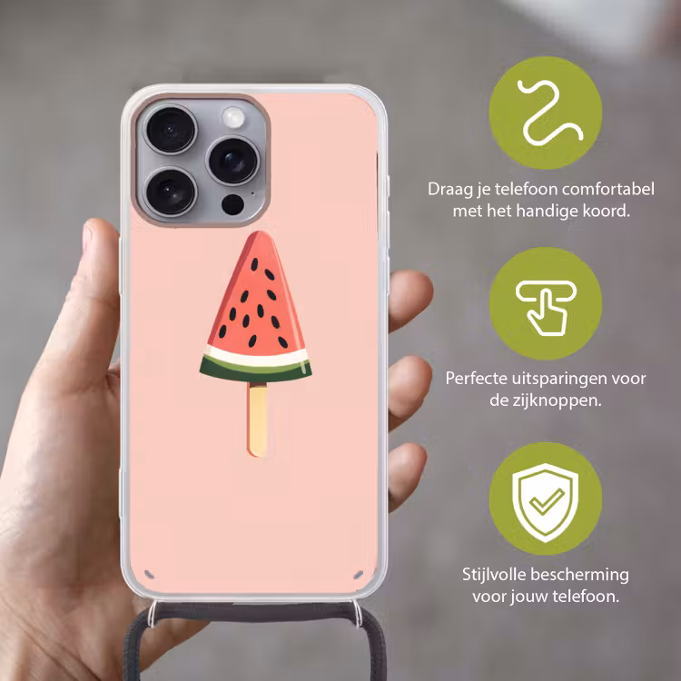 Watermeloen - Ijsje - Pitjes - Rood Hoesje iPhone 16 Pro Max met koord klein -sfeer2_NL