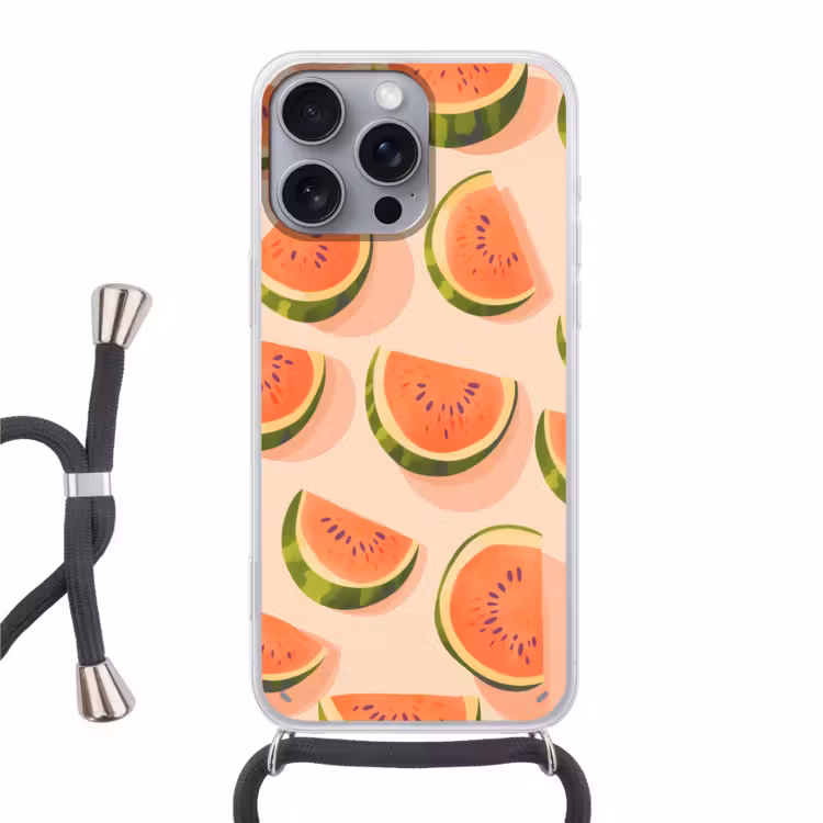 Watermeloen - Schijfjes - Pitten - Rood Hoesje iPhone 16 Pro Max met koord klein -3d