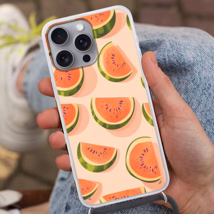 Watermeloen - Schijfjes - Pitten - Rood Hoesje iPhone 16 Pro Max met koord klein -sfeer3