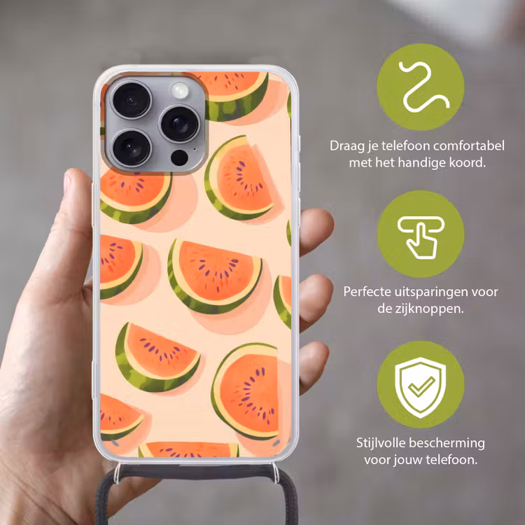 Watermeloen - Schijfjes - Pitten - Rood Hoesje iPhone 16 Pro Max met koord klein -sfeer2_NL