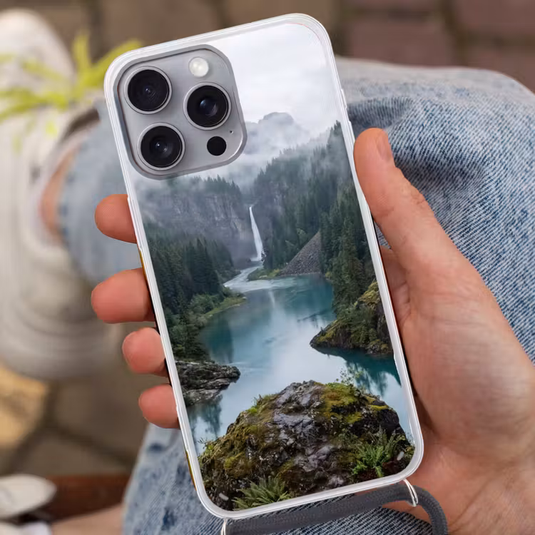 Waterval - Bomen - Bergen Hoesje iPhone 16 Pro Max met koord klein -sfeer3