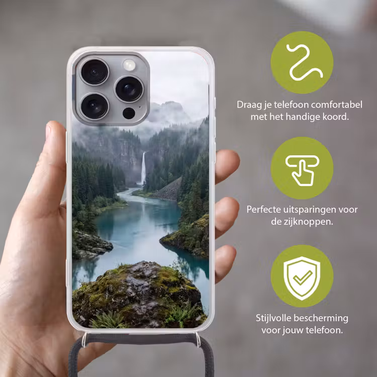 Waterval - Bomen - Bergen Hoesje iPhone 16 Pro Max met koord klein -sfeer2_NL