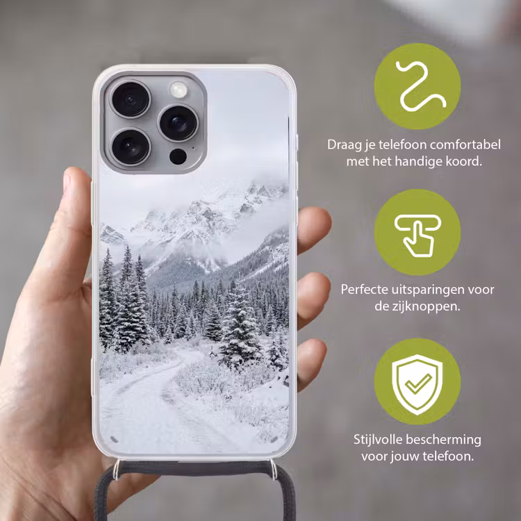 Weg - Bergen - Sneeuw - Naaldbos - Avontuurlijk Hoesje iPhone 16 Pro Max met koord klein -sfeer2_NL