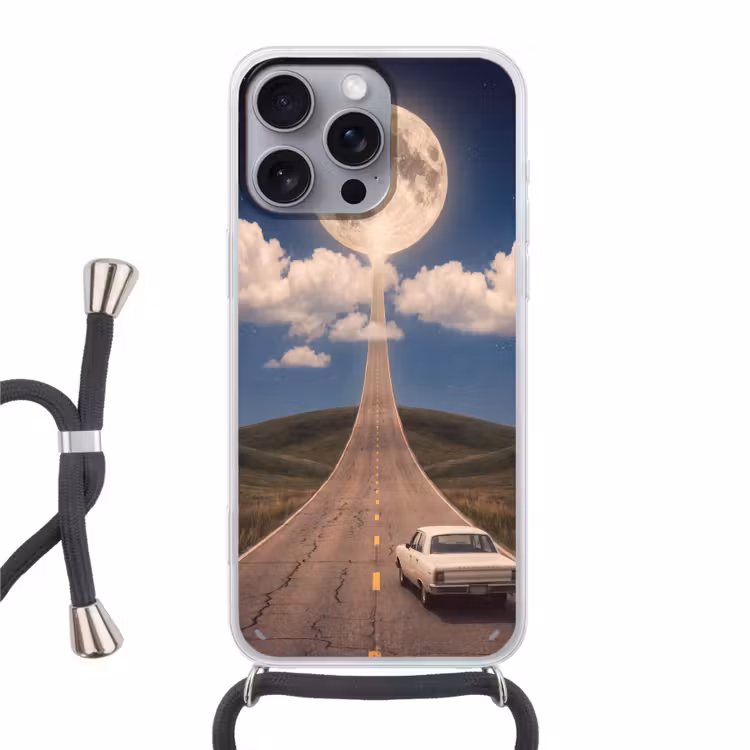 Telefoonhoesje met koord - Weg - Maan - Nacht - Weg - Maan - Nacht Hoesje iPhone 16 Pro Max met koord klein