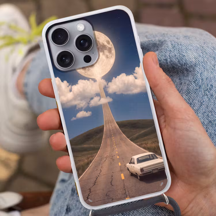 Telefoonhoesje met koord - Weg - Maan - Nacht - Weg - Maan - Nacht Hoesje iPhone 16 Pro Max met koord klein