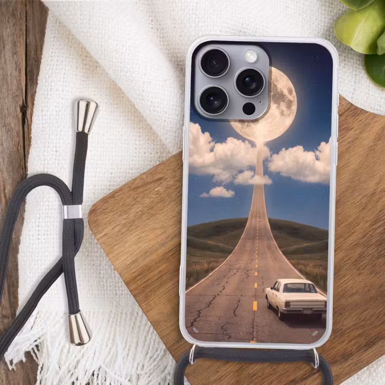 Telefoonhoesje met koord - Weg - Maan - Nacht - Weg - Maan - Nacht Hoesje iPhone 16 Pro Max met koord klein