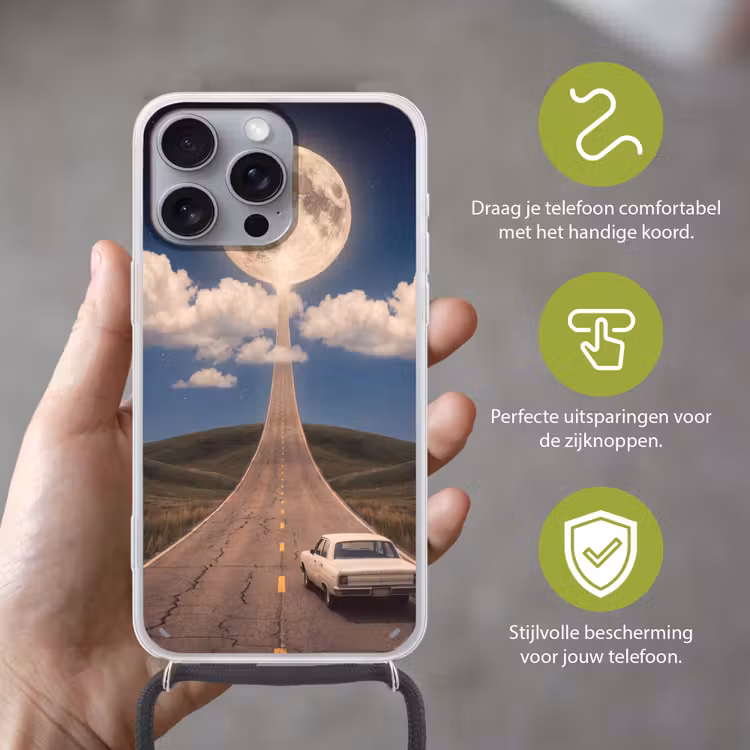 Telefoonhoesje met koord - Weg - Maan - Nacht - Weg - Maan - Nacht Hoesje iPhone 16 Pro Max met koord klein