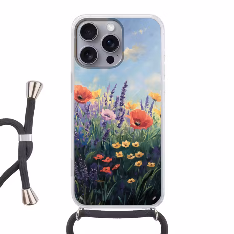 Weide - Bloemen - Kleurrijk Hoesje iPhone 16 Pro Max met koord klein -3d