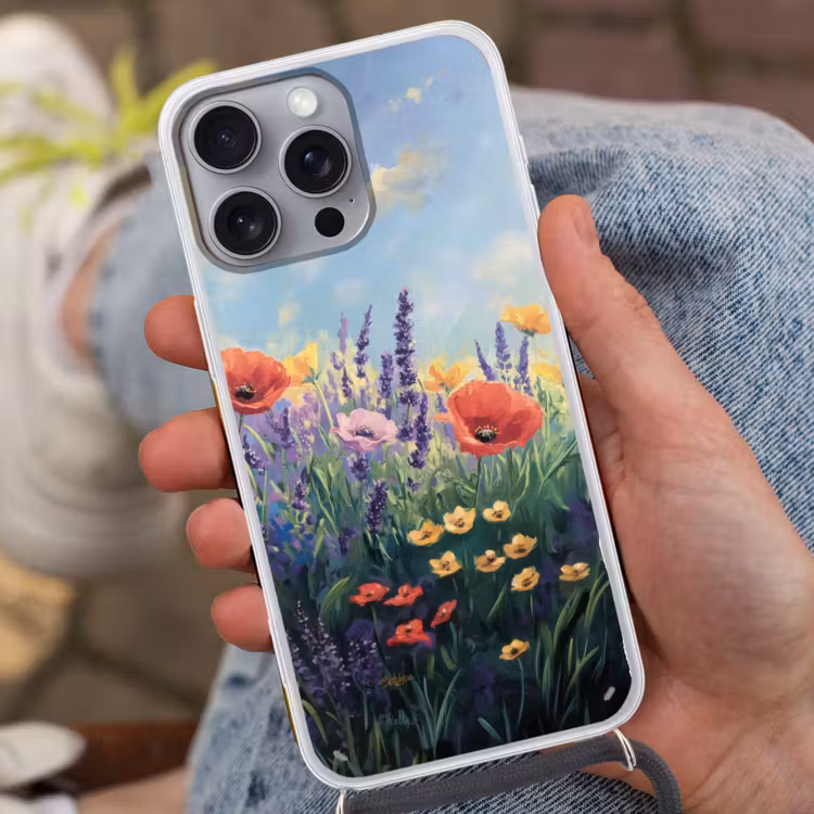 Weide - Bloemen - Kleurrijk Hoesje iPhone 16 Pro Max met koord klein -sfeer3