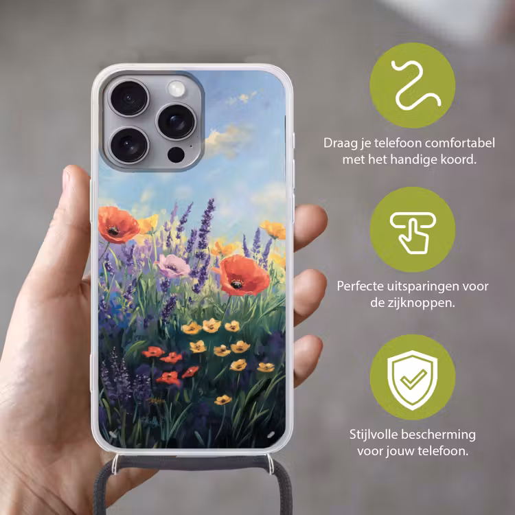 Weide - Bloemen - Kleurrijk Hoesje iPhone 16 Pro Max met koord klein -sfeer2_NL