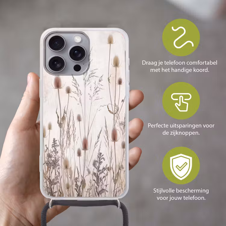 Weidebloemen - Design - Sepia Hoesje iPhone 16 Pro Max met koord klein -sfeer2_NL